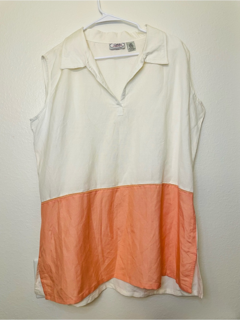 Vintage Caran New York Ramie Rayon Two-Tone Collared Sleeveless Top Size XL
